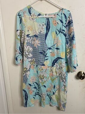 Malvin Turquoise Blue Floral Print Linen  Tunic Mini Dress
